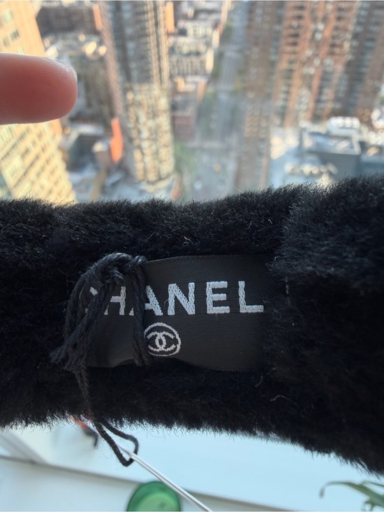 CHANEL Black Faux Fur Headband with Logo Tag